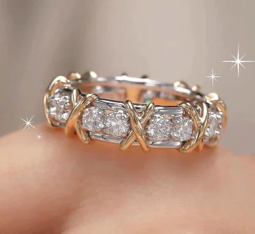Rose Gold Elegant X-Shaped Ring with 16 Stones